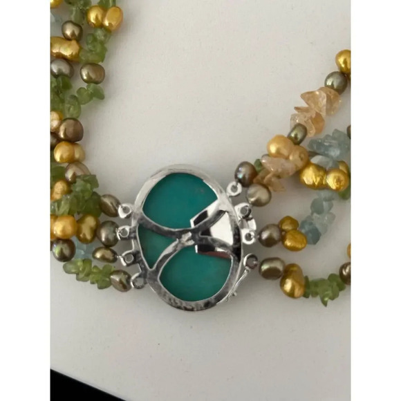 Multi-Stone Beaded Necklace w/ Turquoise Center, Green, Gold & Citrine natural - Picture 5 of 7